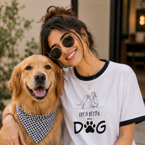 Woman wearing a t-shirt with a dog graphic and text, sitting with a golden retriever.